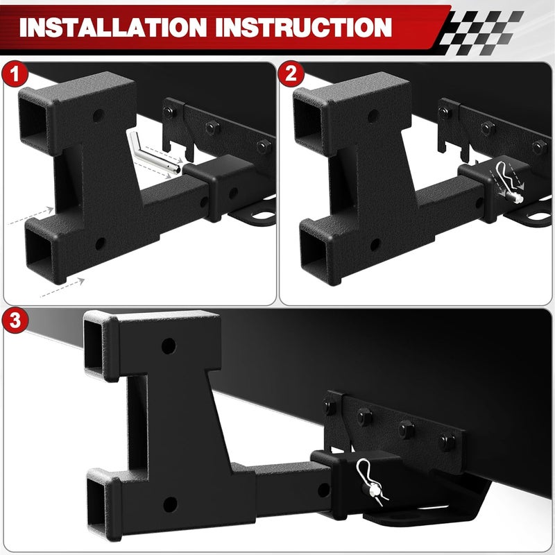 longsen 2 Inch Hitch Extension - Dual Receiver for Trailer & Bike Rack, Adjustable Length 7.3-9.3 Inches, Includes Pin, Clip, 5000lbs - Image 3